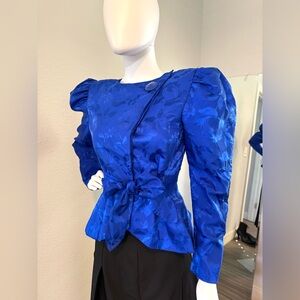 Vintage Raul Blanco 100% Silk Royal Blue Floral Jacquard Peplum Top | 4